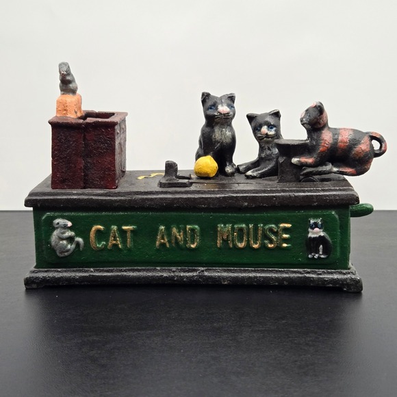 Vintage Cast Iron Mechanical Coin‎ Bank Money Box Cat and Mouse Design Toscano - Picture 1 of 9